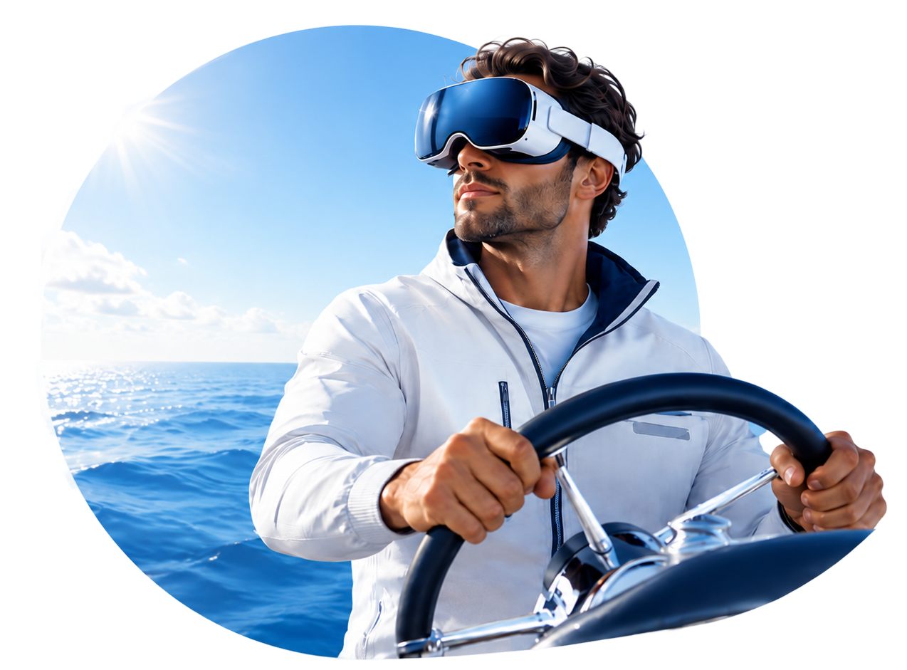 Skipper w gogle VR sterujący jachtem